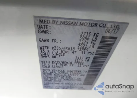 2017 Nissan Pathfinder Sl z USA, uszkodzony, nr VIN 5N1DR2MM5HC901726